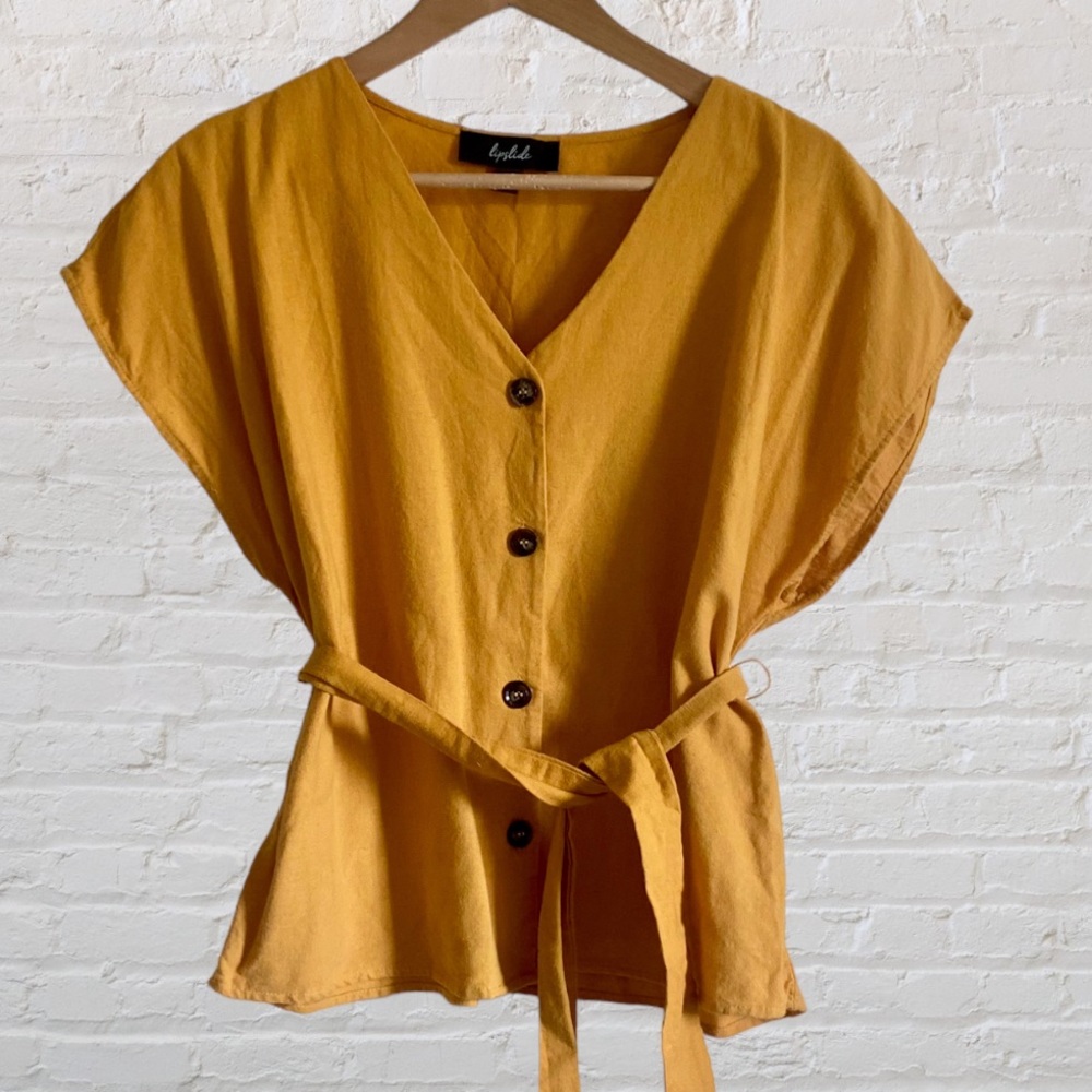 LIPSLIDE MUSTARD SHORT SLEEVE BUTTON UP BELTED BLOUSE TOP